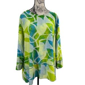 Ali Miles Vibrant Green Blue Abstract Print Trendy Tunic Top - Size L